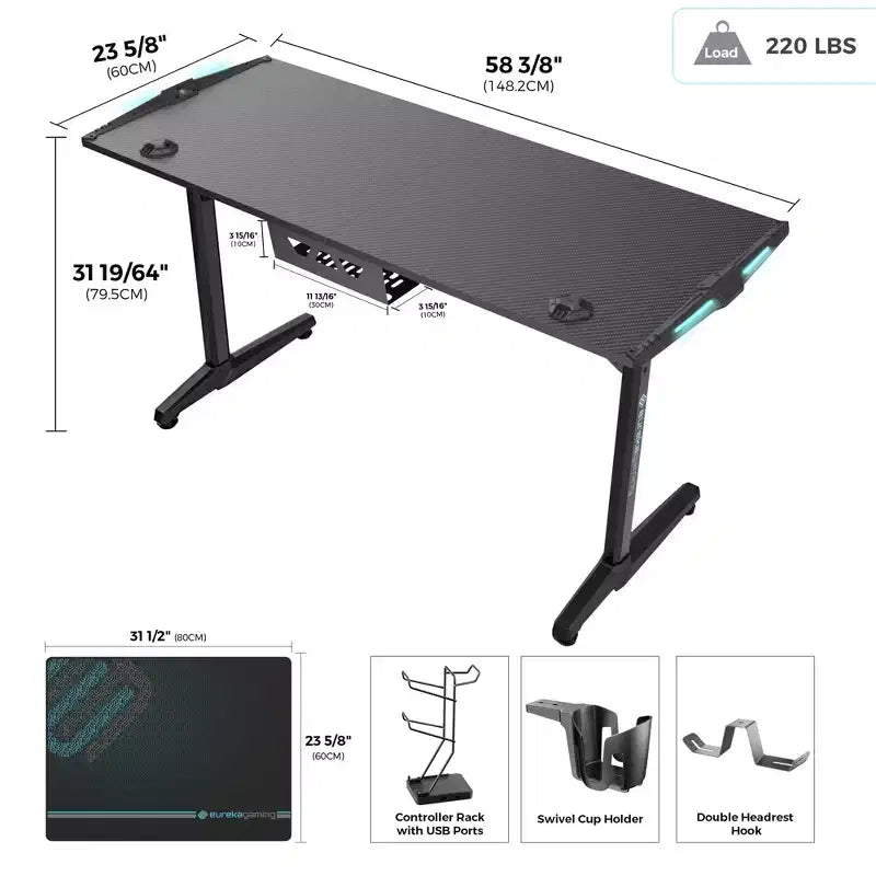 Scrivania da Gaming con Accessori Integrati, 147 x 58 x 79 cm, Nera