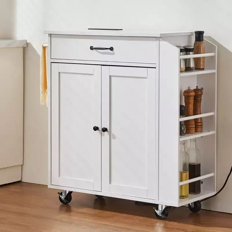 Carrello da cucina con mobiletto contenitore, presa di corrente, porta spezie, porta asciugamani e ripiano regolabile, bianco
