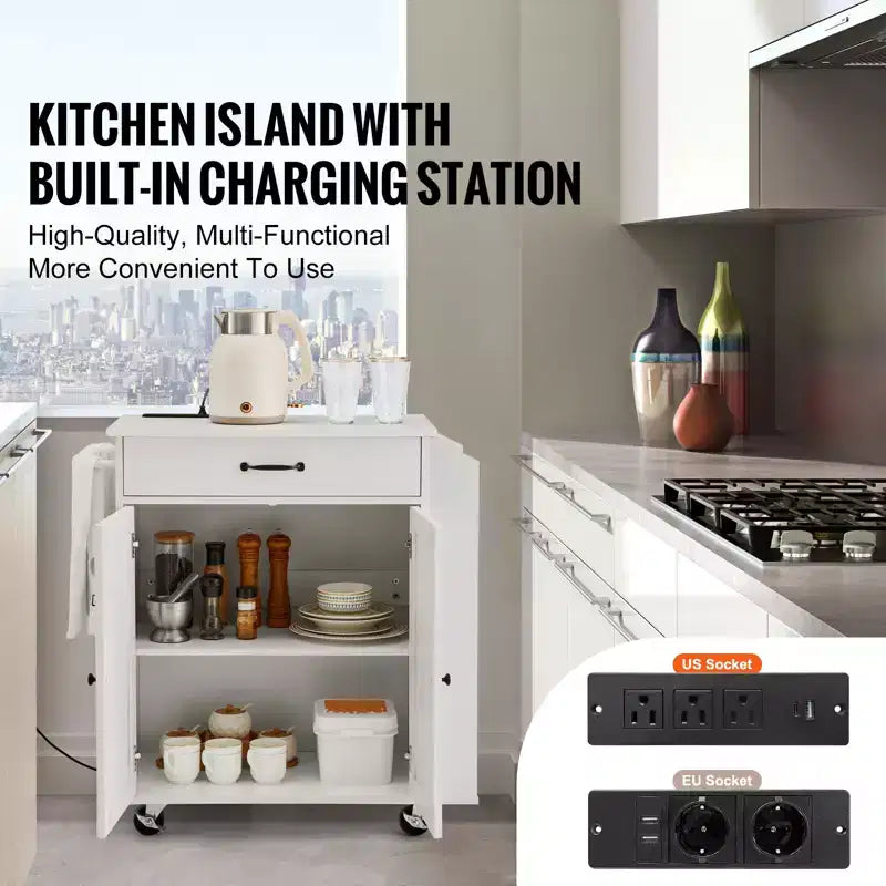 Carrello da cucina con mobiletto contenitore, presa di corrente, porta spezie, porta asciugamani e ripiano regolabile, bianco