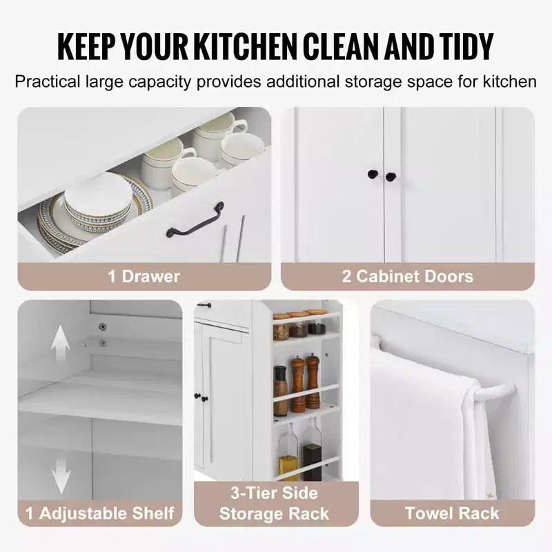 Carrello da cucina con mobiletto contenitore, presa di corrente, porta spezie, porta asciugamani e ripiano regolabile, bianco
