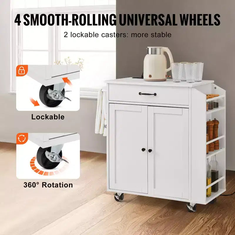 Carrello da cucina con mobiletto contenitore, presa di corrente, porta spezie, porta asciugamani e ripiano regolabile, bianco