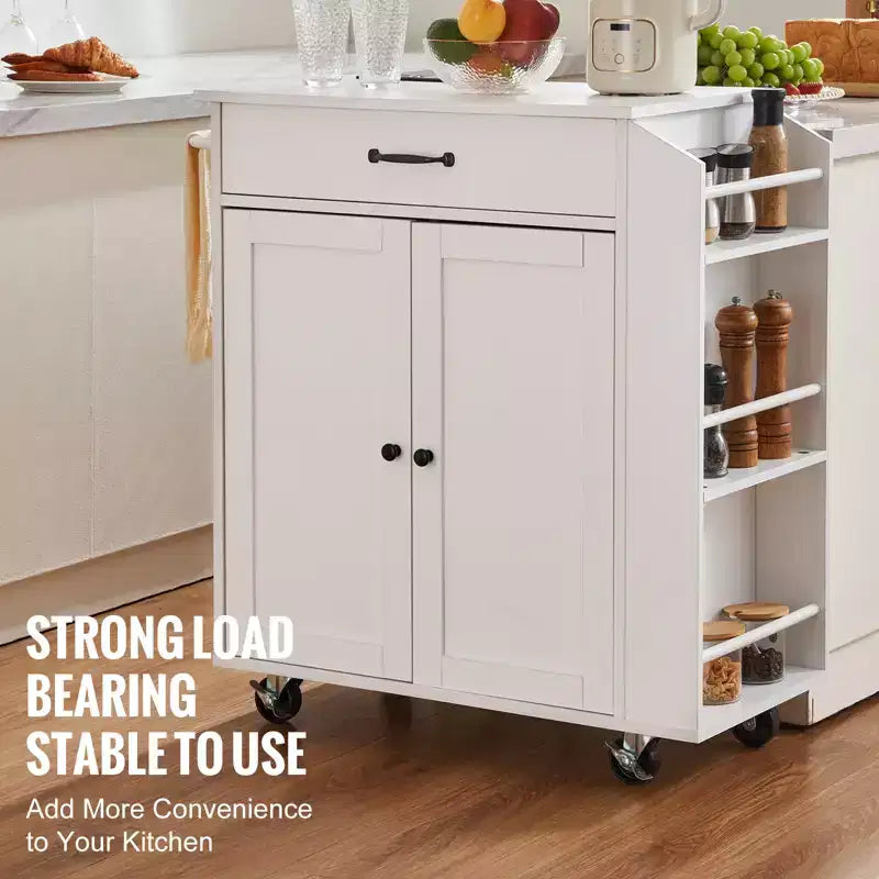 Carrello da cucina con mobiletto contenitore, presa di corrente, porta spezie, porta asciugamani e ripiano regolabile, bianco