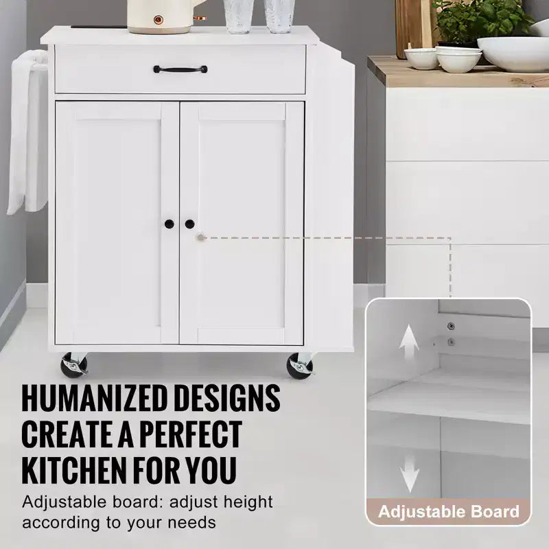 Carrello da cucina con mobiletto contenitore, presa di corrente, porta spezie, porta asciugamani e ripiano regolabile, bianco