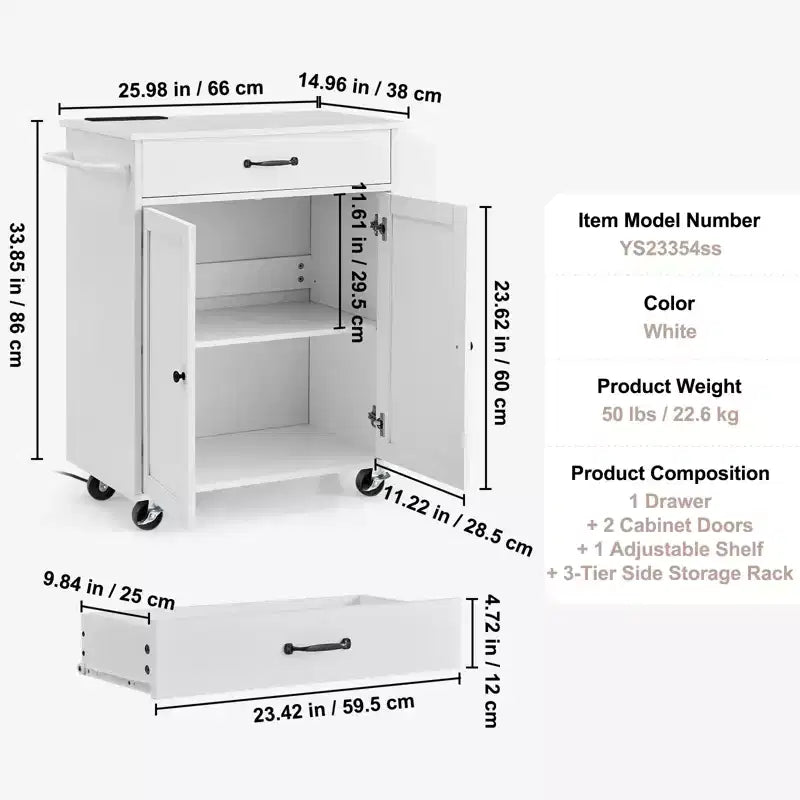 Carrello da cucina con mobiletto contenitore, presa di corrente, porta spezie, porta asciugamani e ripiano regolabile, bianco