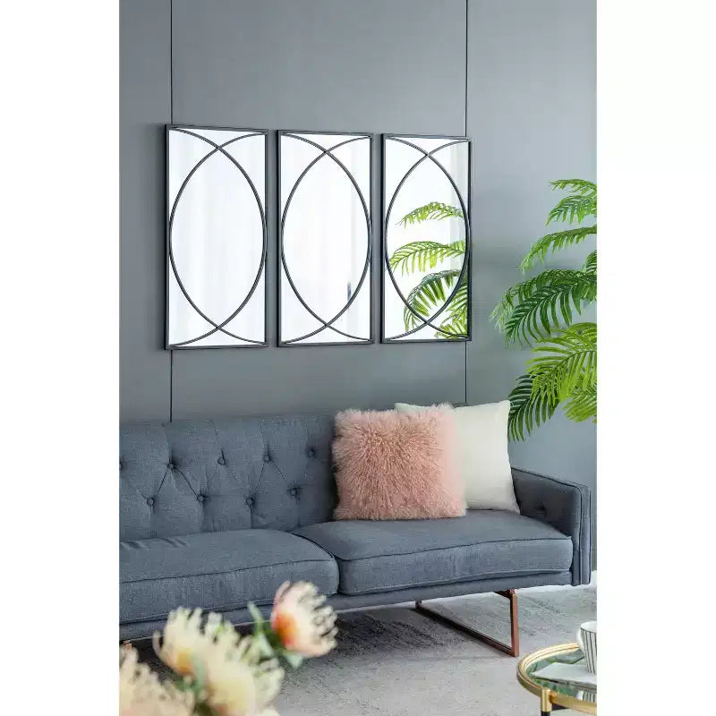 Set di 3 Specchi da Parete Ottagonali con Cornice in Ferro Nero