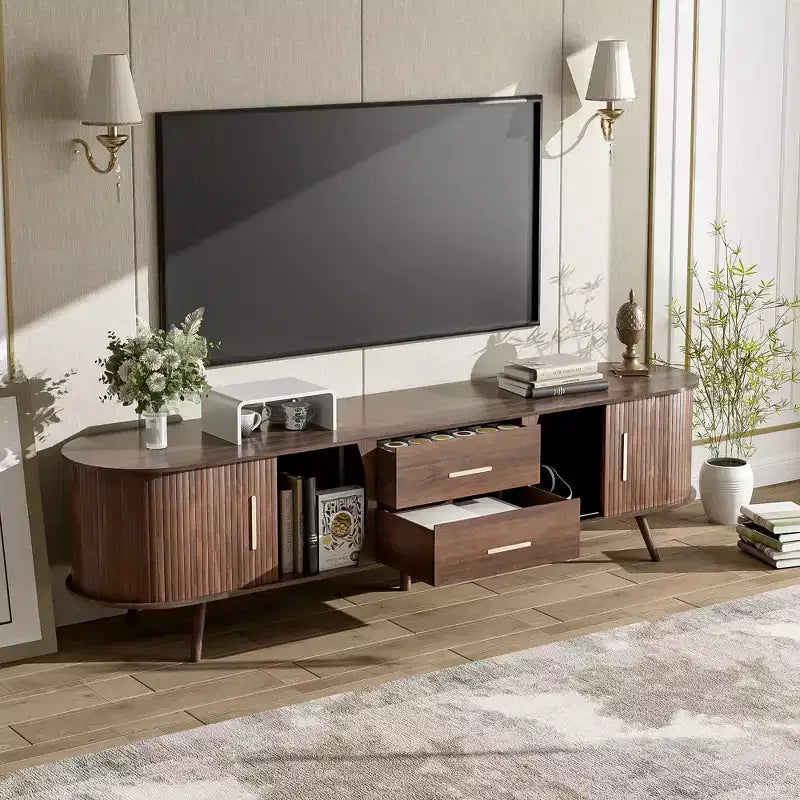 Mobile TV moderno di metà secolo da 180 cm con cassetti e ante scorrevoli