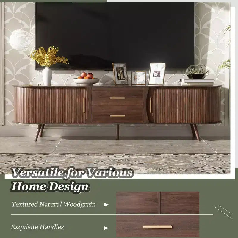 Mobile TV moderno di metà secolo da 180 cm con cassetti e ante scorrevoli