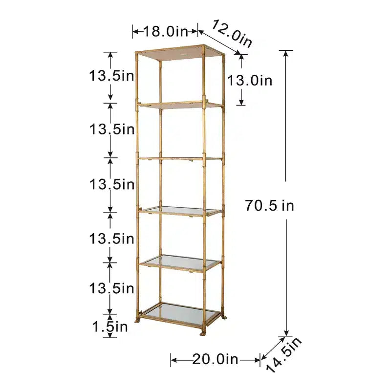 Scaffale a sei ripiani a specchio con struttura in ferro dorato