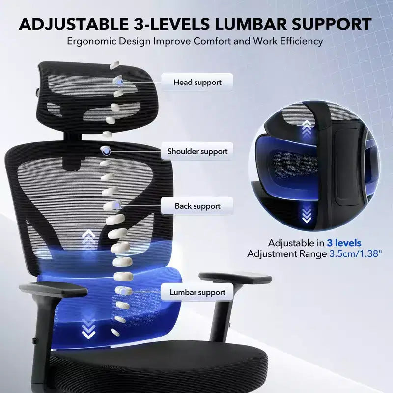 Sedia da ufficio con schienale alto in rete, supporto lombare regolabile e braccioli 3D