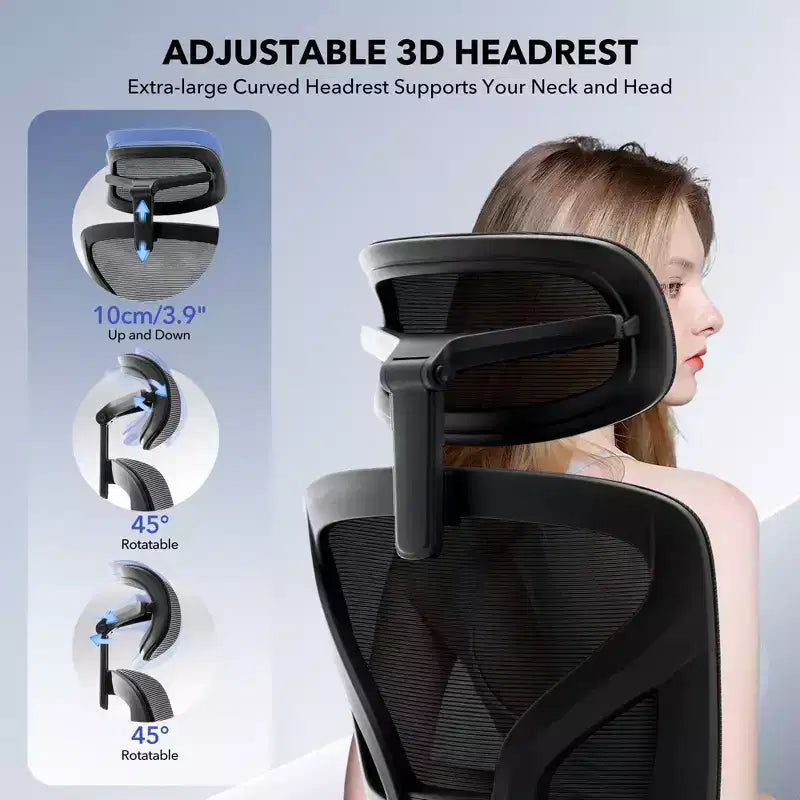 Sedia da ufficio con schienale alto in rete, supporto lombare regolabile e braccioli 3D