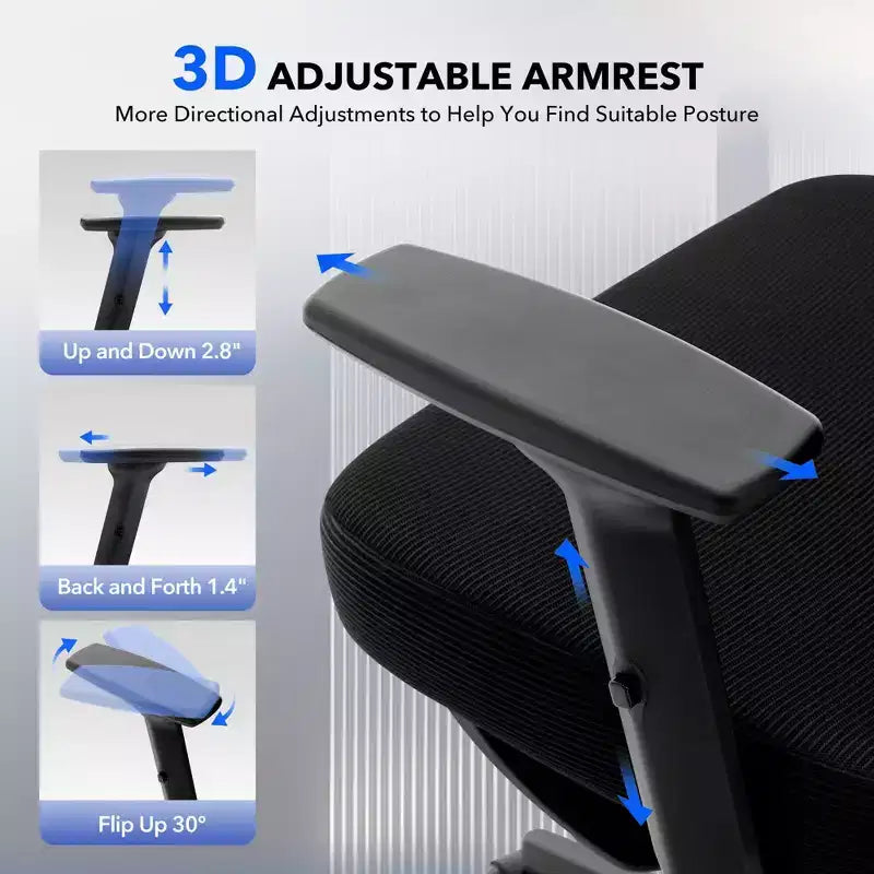 Sedia da ufficio con schienale alto in rete, supporto lombare regolabile e braccioli 3D