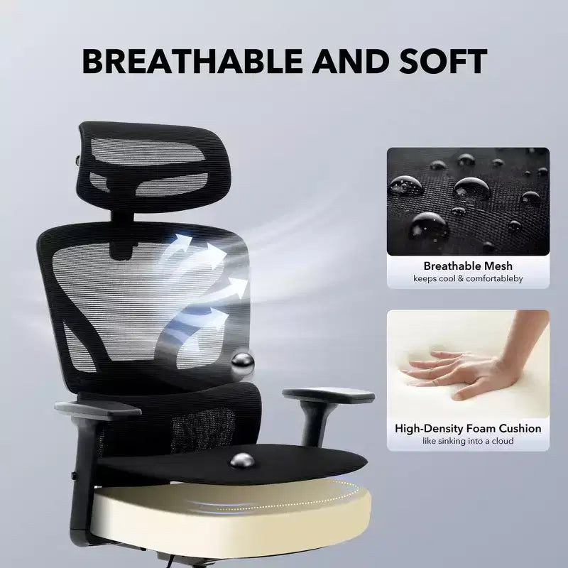 Sedia da ufficio con schienale alto in rete, supporto lombare regolabile e braccioli 3D