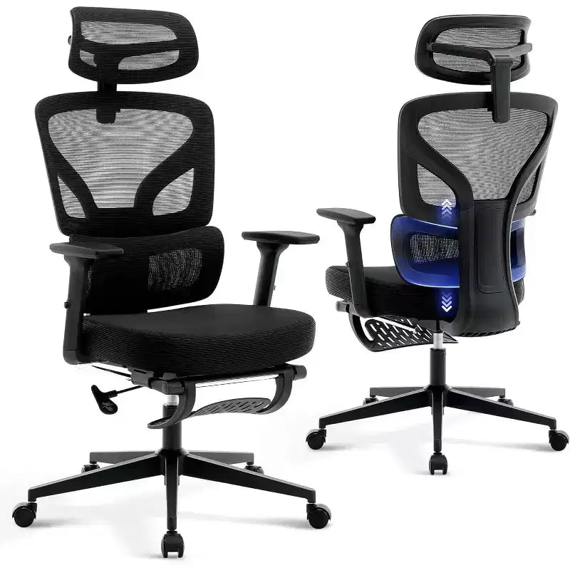 Sedia da ufficio con schienale alto in rete, supporto lombare regolabile e braccioli 3D