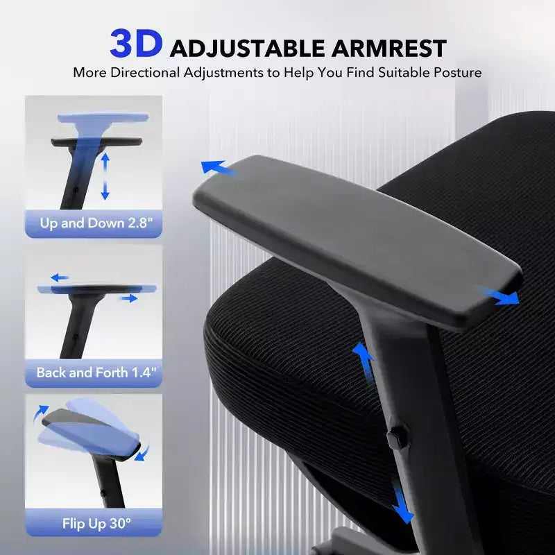 Sedia da ufficio con schienale alto in rete, supporto lombare regolabile e braccioli 3D