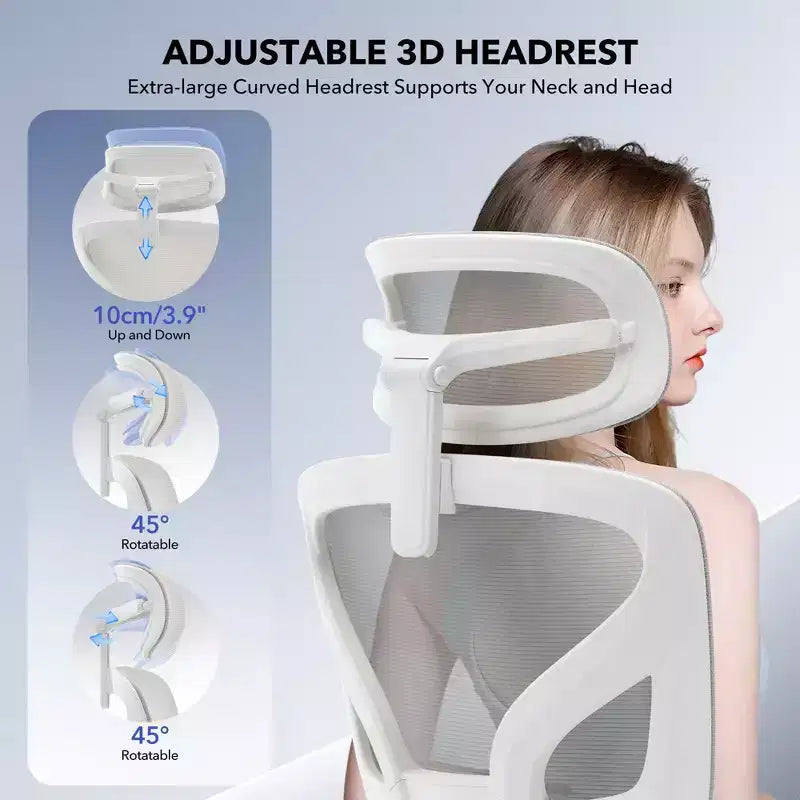 Sedia da ufficio con schienale alto in rete, supporto lombare regolabile e braccioli 3D