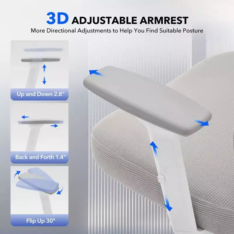 Sedia da ufficio con schienale alto in rete, supporto lombare regolabile e braccioli 3D