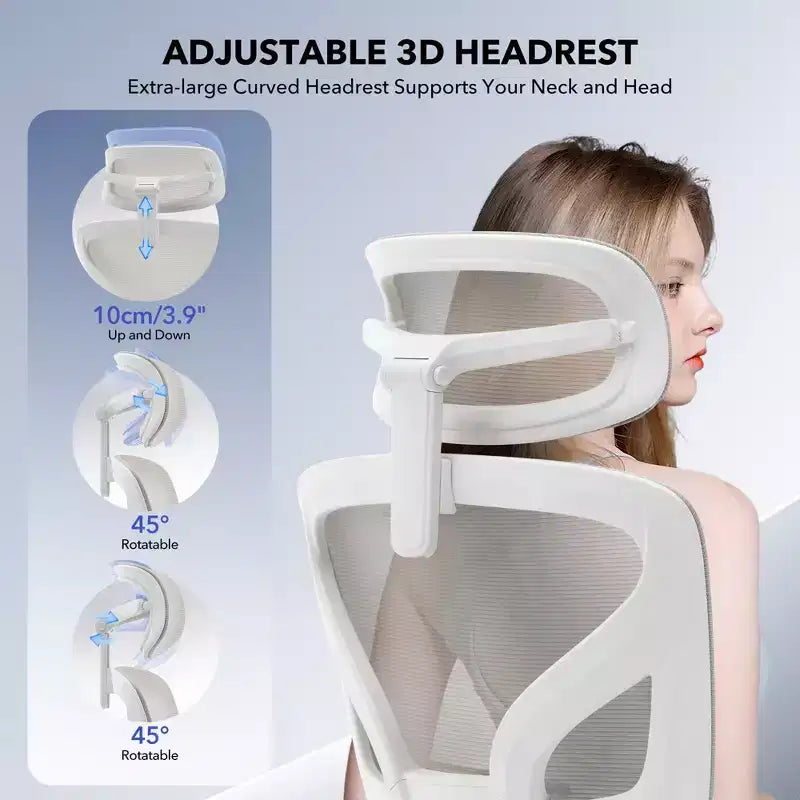 Sedia da ufficio con schienale alto in rete, supporto lombare regolabile e braccioli 3D