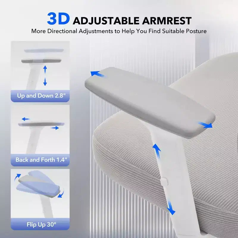 Sedia da ufficio con schienale alto in rete, supporto lombare regolabile e braccioli 3D
