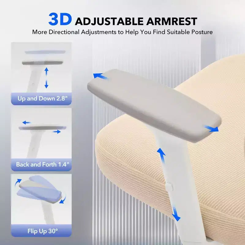 Sedia da ufficio con schienale alto in rete, supporto lombare regolabile e braccioli 3D
