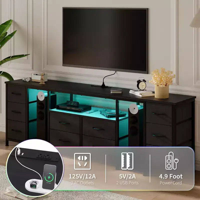 Mobile porta TV con 10 cassetti in tessuto, 2 ripiani aperti e prese di corrente, adatto per TV fino a 75 pollici