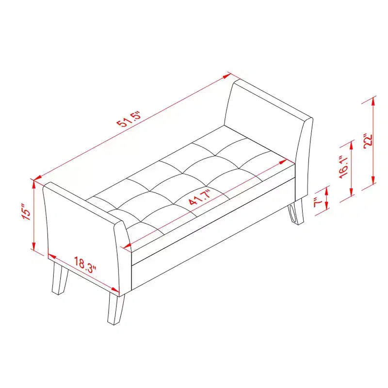 Panca contenitore in velluto da 51,5" con braccioli curvi e pouf trapuntato – Gambe in legno massello