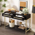 Retro Console Table with Geometric Drawers, Paulownia Wood Entryway Sofa Table with Gold Accents and Storage