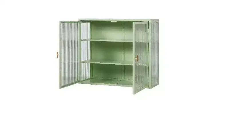 Mobile credenza a 3 ripiani con struttura in ferro e ante in vetro temperato