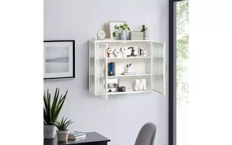 Mobile credenza a 3 ripiani con struttura in ferro e ante in vetro temperato