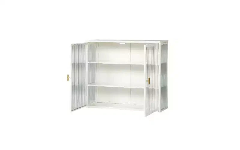 Mobile credenza a 3 ripiani con struttura in ferro e ante in vetro temperato