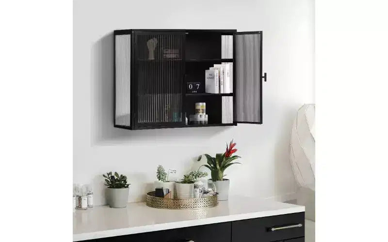 Mobile credenza a 3 ripiani con struttura in ferro e ante in vetro temperato