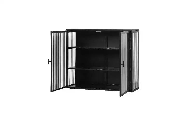 Mobile credenza a 3 ripiani con struttura in ferro e ante in vetro temperato