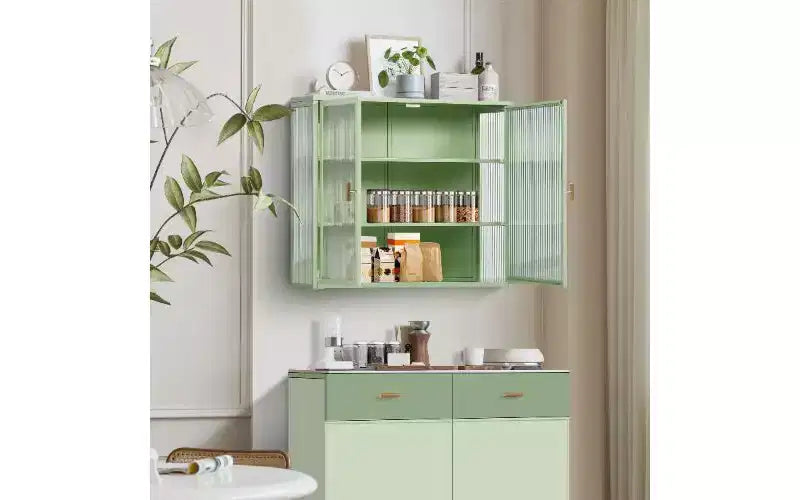 Mobile credenza a 3 ripiani con struttura in ferro e ante in vetro temperato