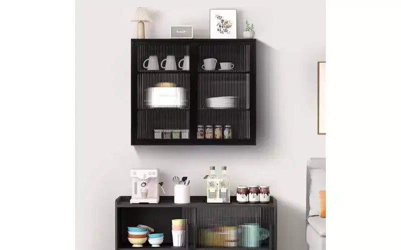 Mobile credenza a 3 ripiani con struttura in ferro e ante in vetro temperato