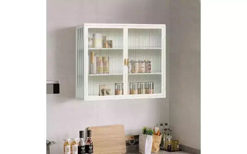 Mobile credenza a 3 ripiani con struttura in ferro e ante in vetro temperato