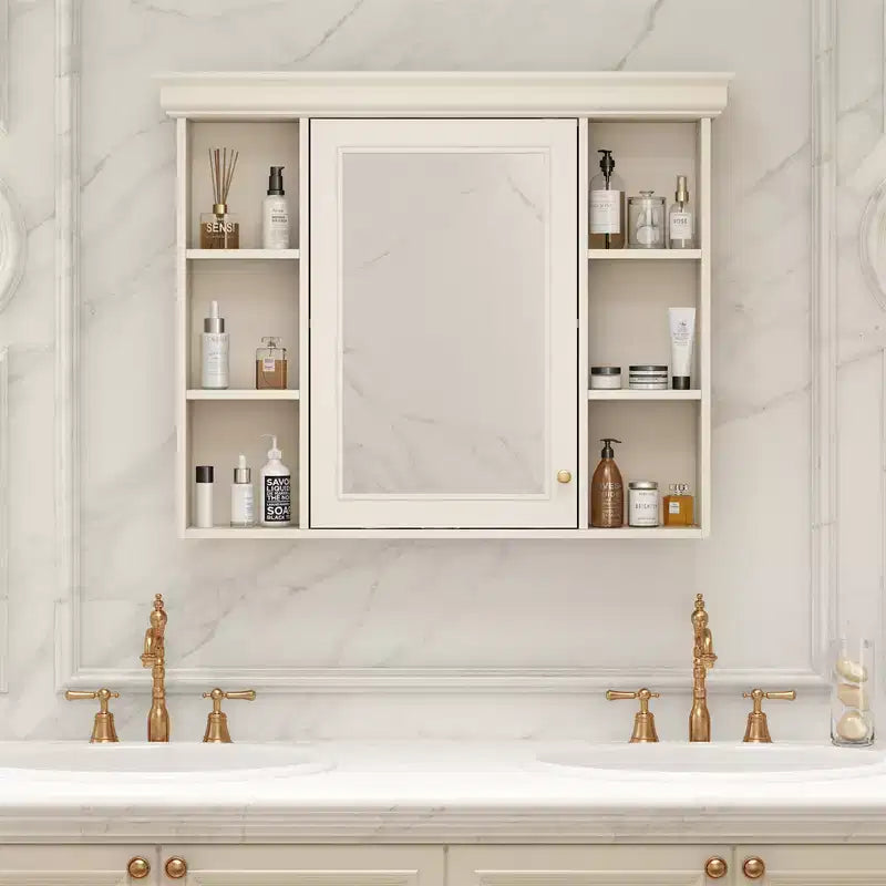 Mobiletto Specchio da Bagno a Parete con 6 Ripiani Aperti e Anta con Chiusura Ammortizzata