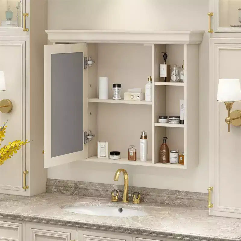Mobiletto Specchio da Bagno a Parete con 6 Ripiani Aperti e Anta con Chiusura Ammortizzata