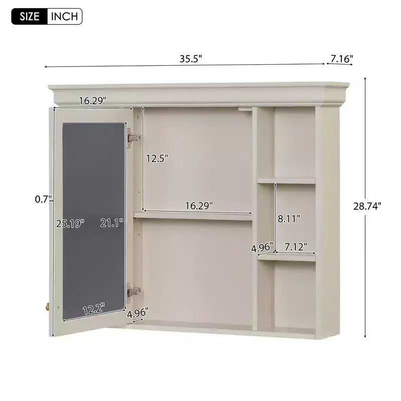 Mobiletto Specchio da Bagno a Parete con 6 Ripiani Aperti e Anta con Chiusura Ammortizzata