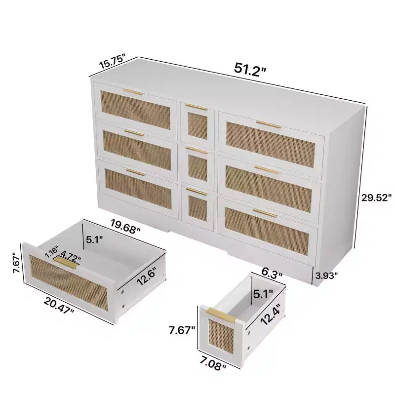 Comò a 9 cassetti con dettagli in rattan