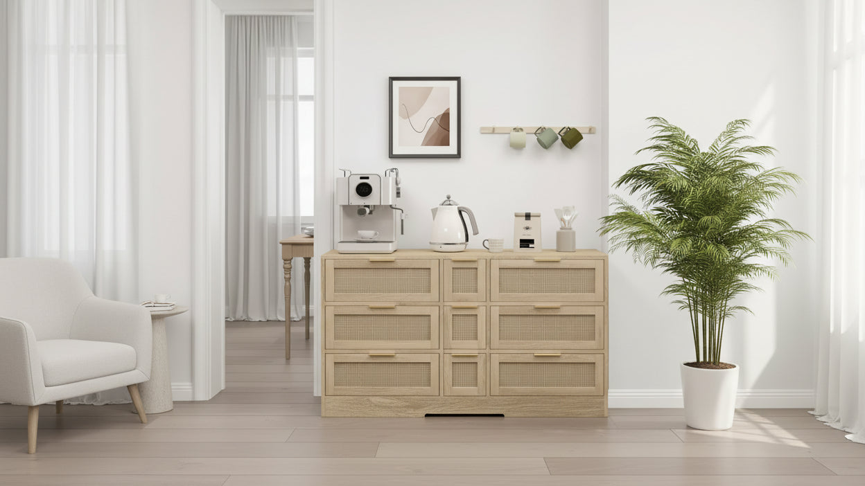 9 Drawer Dresser, Rattan Chest of Dressers for Bedroom, Natural Wooden Wide Storage Cabinet with Handles, Dresser TV Stand Drawer Organizer