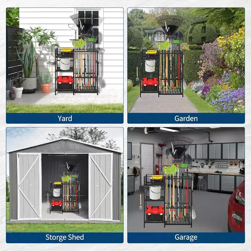 Organizer per attrezzi da giardino a 3 livelli con 35 scomparti e ganci – Porta attrezzi in acciaio per garage, capanno e giardino