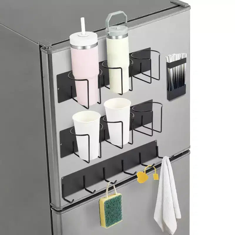 Organizzatore Magnetico per Tazze con Ganci per Coperchio e Porta Cannucce, Acciaio Nero
