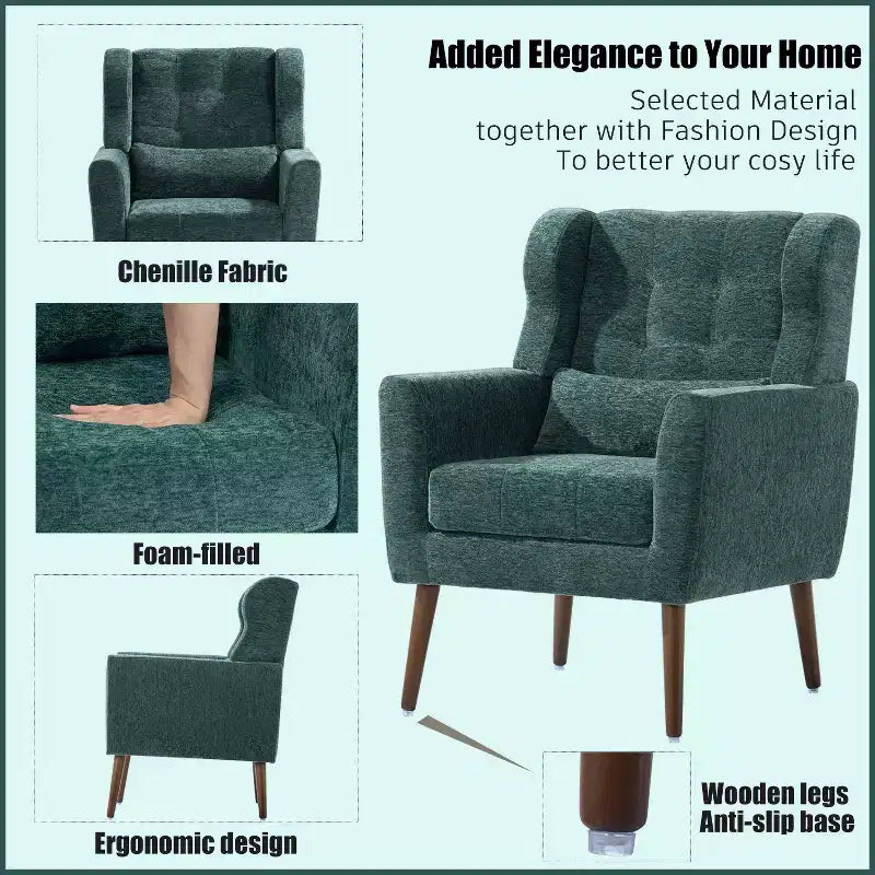 Poltroncina d'accento in ciniglia con cuscino decorativo e gambe affusolate in legno