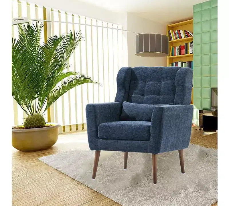 Poltroncina d'accento in ciniglia con cuscino decorativo e gambe affusolate in legno