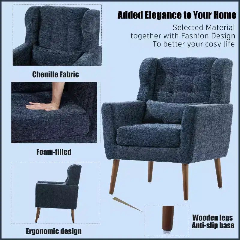 Poltroncina d'accento in ciniglia con cuscino decorativo e gambe affusolate in legno