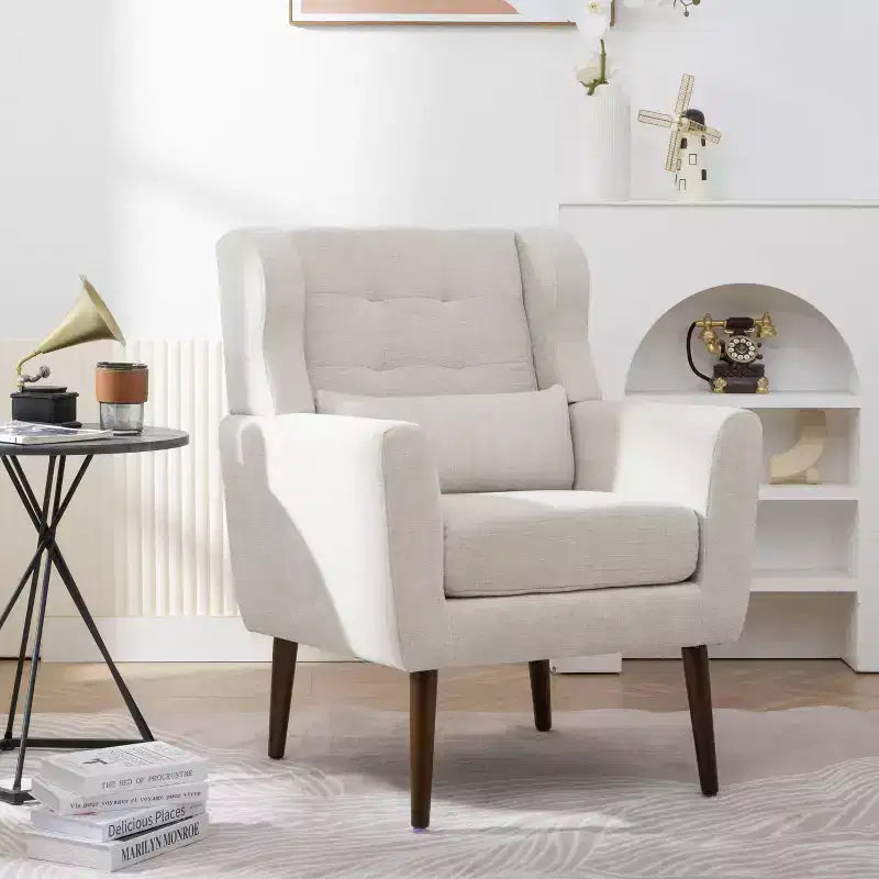 Poltroncina d'accento in ciniglia con cuscino decorativo e gambe affusolate in legno