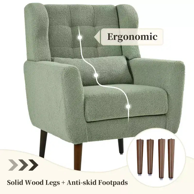 Poltroncina d'accento in ciniglia con cuscino decorativo e gambe affusolate in legno