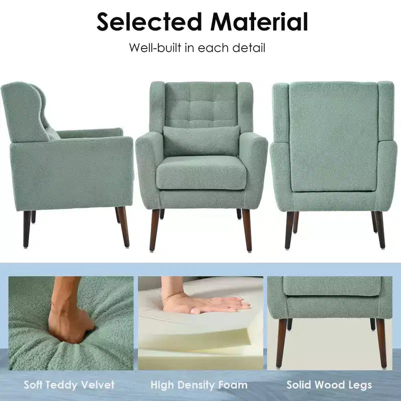 Poltroncina d'accento in ciniglia con cuscino decorativo e gambe affusolate in legno