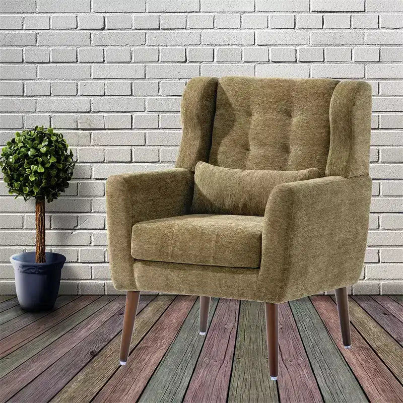 Poltroncina d'accento in ciniglia con cuscino decorativo e gambe affusolate in legno