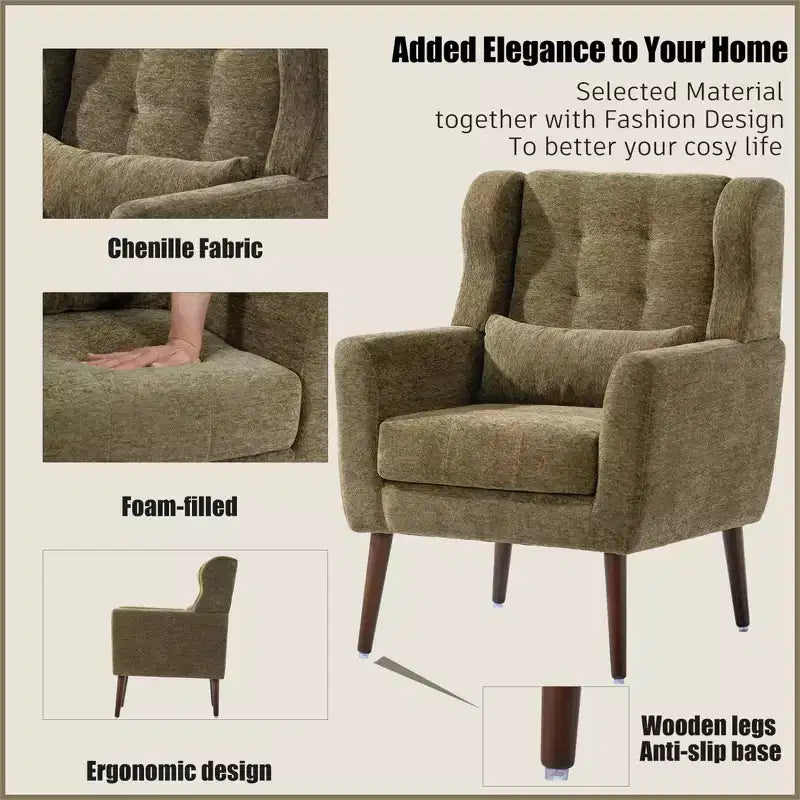 Poltroncina d'accento in ciniglia con cuscino decorativo e gambe affusolate in legno