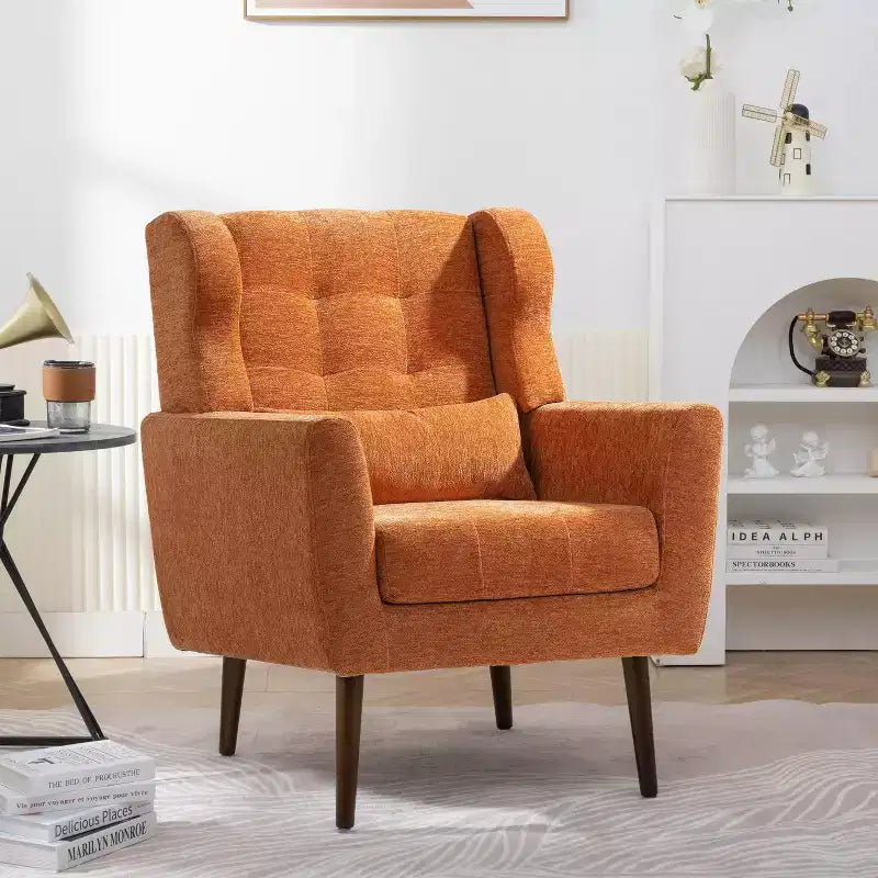Poltroncina d'accento in ciniglia con cuscino decorativo e gambe affusolate in legno